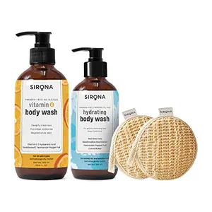 Sirona Refreshing Bath& Body Pack for Men and Women | Hydrating Body Wash (200ml) with Vitamin C Body Wash (300ml) and Free Loofah (2 Pcs) | Suitable For All Skin Type | Dermatologically Tested