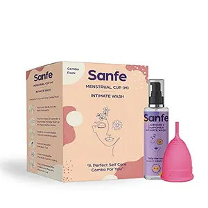 Sanfe Period Duo for Women- Menstrual Cup (Medium) + Intimate Wash (100ml) with Lavender & chamomile Extracts | All Organic | Carefree Periods | ph balancing | 100% Alcohol Free