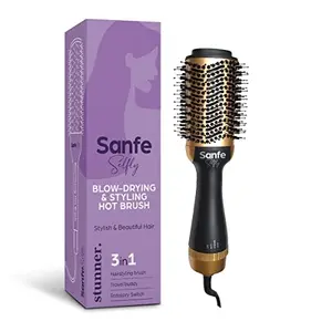 SANFE Selfy Blow-Drying & Styling Hot Brush | 3-in-1 Functions to Dry Style & Detangle Hair | Straightening Curling & Drying Hair |ION Charged Bristles for Smooth & Frizz Free Hair | Handy Design.