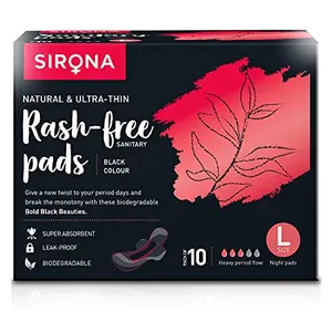 Sirona Natural Biodegradable Super Soft Black Sanitary Pads/Napkins - 10 Pieces Large (L) Night Pads - Antibacterial Ultra Thin and Rash Free Protection