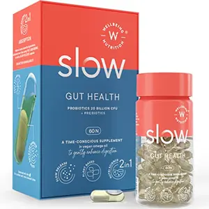 Wellbeing Nutrition Slow | Gut Health | 20 Billion CFU Probiotic & Prebiotic in Vegan Omega 3 Oil | GUT Digestive Balance Improve Nutrient Absorption & Maintain Intestinal Integrity (60 Capsules)