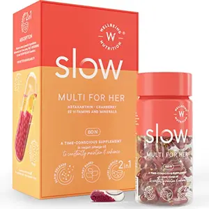Wellbeing Nutrition Slow | Multivitamin for Women | 100% RDA of 22 Essential Vitamins & Minerals | Astaxanthin & Cranberry in Vegan Omega Oil | Energy Immunity Skin & Hair PMS Support (60 Capsules)