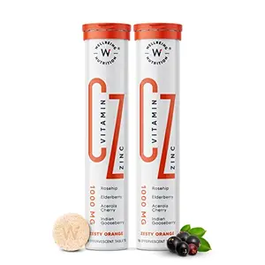 Wellbeing Nutrition Vitamin C + Zinc | Natural and Organic Immunity Booster | 100% RDA | 1000mg Vitamin C ( 32 Effervescent Tablets)