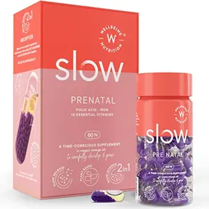 Wellbeing Nutrition Slow | Prenatal | Plant-Based Pregnancy Multivitamin | Iron Folic Acid and 13 Essential Nutrients in Vegan Omega 3 DHA | Supports Mother's Health & Fetal Development (60 Capsules)