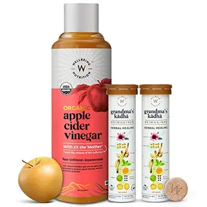 Wellbeing Nutrition USDA Organic Apple Cider Vinegar 500ml with 2X Mother Raw Unfiltered Unpasteurized 2 X Grandma's Kadha Ayurvedic Immunity Booster for Cold Cough Fever Headache Digestion