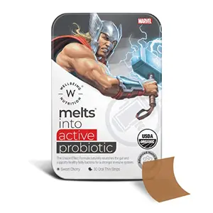 Wellbeing Nutrition Marvel Thor Melts | Kids Organic Active Probiotic & Prebiotic Vitamin C & D3 | 100% Natural for Healthy Gut Digestion and Immunity | Sweet Cherry Flavor (30 Oral Thin Strips)