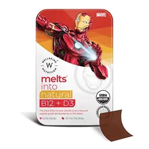 Wellbeing Nutrition Marvel Iron Man Melts | Kids Organic Vitamin B12 D3+K2 and Folate | 100% RDA Plant Based for Bone & Muscle health Immune Support and Energy| Exotic Mango Flavor (30 Oral Strips)