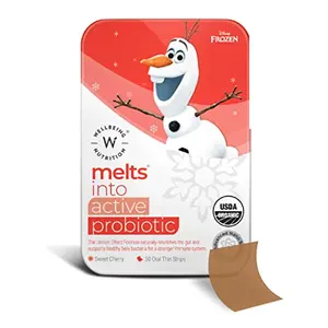 Wellbeing Nutrition Frozen Olaf Melts | Kids Organic Active Probiotic & Prebiotic Vitamin C & D3 | 100% Natural for Healthy Gut Digestion and Immunity | Sweet Cherry Flavor (30 Oral Thin Strips)