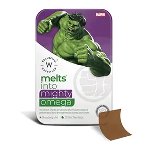 Wellbeing Nutrition Marvel Hulk Melts | Kids Vegan Algae Omega-3(EPA & DHA) Alpha GPC Lutein| For Brain Development Concentration Eye & Heart Health | Strawberry Mint Flavor (30 Oral Thin Strips)
