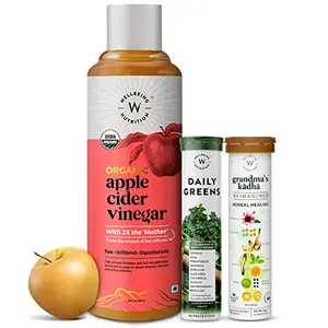 Wellbeing Nutrition USDA Organic Apple Cider Vinegar 500ml with 2X Mother | Daily Greens & Grandma's Kadha (Organic Immunity Booster Kit)