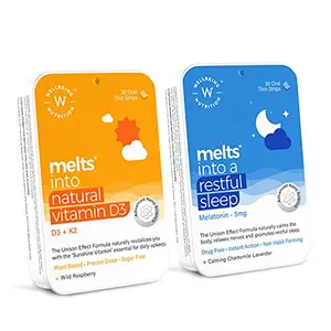 Wellbeing Nutrition Melts Restful Sleep Plant Based Melatonin 5mg with Melts Natural Vitamin D3 + K2 (MK-7) - (30x2 Oral Thin Strips)