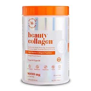 Wellbeing Nutrition Beauty Japanese Marine Collagen Peptides with Hyaluronic Acid Rosehip Astaxanthin Biotin & Vitamins C & E for Hair Nails Skin Radiance & Anti-Aging | Mango Peach Flavor - 250g