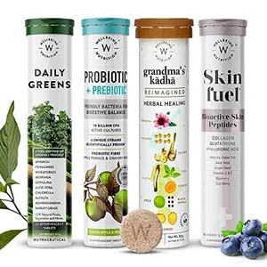 Wellbeing Nutrition Holistic Wellbeing Kit | Daily Greens Pre & Probiotic Skin Fuel & Grandma's Kadha ( 66 Effervescent Tablets)