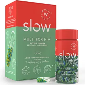 Wellbeing Nutrition Slow | Multivitamin for Men | Plant Based 100% RDA of 22 essential Vitamins & Minerals |Caffeine & Ginseng in MCT Oil| Energy Stamina Bone & Joint Immunity & Vitality(60 Capsules)