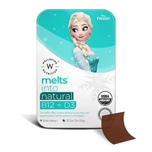 Wellbeing Nutrition Frozen Elsa Melts | Kids Organic Vitamin B12 D3+K2 & Folate | 100% RDA Plant Based for Bone & Muscle health Immune Support and Energy| Exotic Mango Flavor (30 Oral Thin Strips)