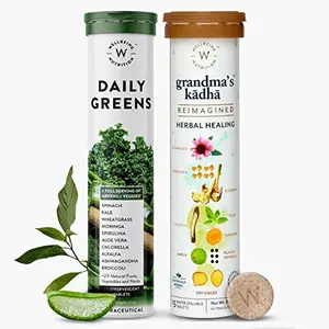 Wellbeing Nutrition Organic Immunity Booster Kit Daily Greens - Wholefood Multivitamin with C Zinc B12 and Grandma's Kadha- Ayurvedic Kadha for Immunity (15x2 Effervescent Tablets)