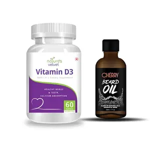 Natures Velvet Lifecare Vitamin D-3 for Bone and Teeth Health 60 Softgels - pack of 1 with CHERRYGLAM Beard and Moustache oil 30ml Pack of 1 for growth & shine Free