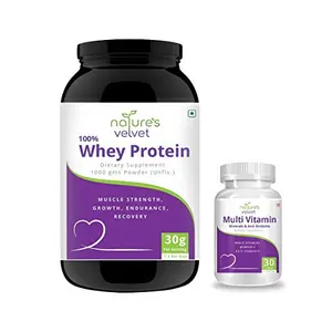nature's velvet Whey Protein Concentrate for Fitness and Strength (Unflavoured; 1 kg) with nature's velvet Multivitamins; Minerals and Antioxidants for Overall Health; 30 Tablets