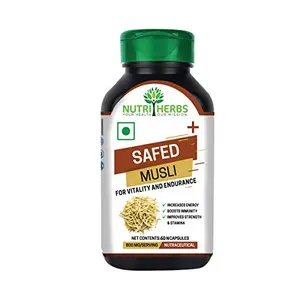 Nutriherbs Safed Musli Plus Capsules 800mg For Better Muscle Mass Enhances Sports Performance Promotes Healthy Bones & Joints Boosts Energy & Immunity 60 Capsules Pack of 1