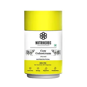 Nutriherbs Cow Colostrum (Piyush) Strengthens Immunity Increases Energy Levels Boosts Metabolism Helps with Weight Management Eases Digestive Health 500mg 60 Capsules
