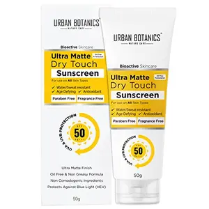 UrbanBotanics Ultra Matte Dry Touch Sunscreen SPF 50 PA+++ - Non Comedogenic - Water/Sweat Resistant - Protect against Blue Light UVA/UVB Rays - Men & women - For Normal Oily & Acne Prone Skin 50g
