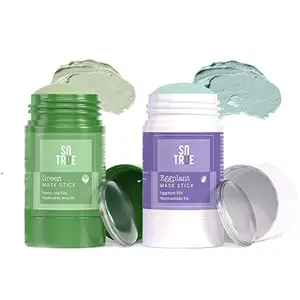 Sotrue Green Tea Cleansing Mask Stick and Eggplant Mask Stick For Face | For Blackheads Oil Control Anti-Acne & Anti-Ageing | Purifying Solid Clay Detox Mud Mask