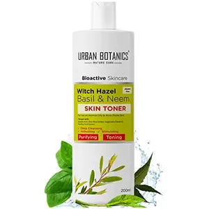UrbanBotanics Alcohol Free Toner for Face with Witch Hazel Neem Basil & Glycolic Acid - Face Toner For Oily Skin Normal Skin & Acne Prone Skin - Pore Tightening Cleansing & Whitening 200ml