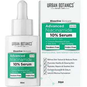 UrbanBotanics 10% Niacinamide Face Serum for Acne Acne Scars / Marks Blemishes Pigmentation & Oil Balancing with Zinc | Skin Clarifying Anti Acne Serum for Oily & Acne Prone Skin | 30ml
