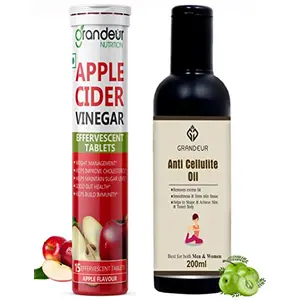 Grandeur Anti Cellulite Fat Burning Oil 200ml & Apple Cider Vinegar Effervescent Tablets With 500 mg Apple Cider Pomegranate Extract | Weight Loss | Gut Health |