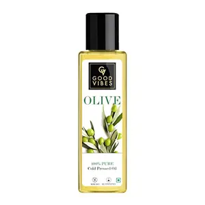 Good Vibes 100% Pure Olive Cold Pressed Carrier Oil For Hair & Skin 100 ml Helps Strengthen Hair Roots Deeply Moisturizes Skin Helps Reduce Wrinkles & Fine Lines No Alcohol Parabens & Sulphates
