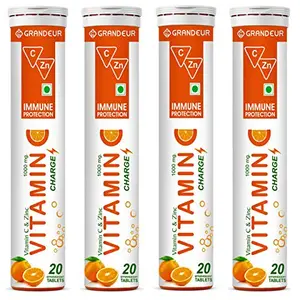 Grandeur Vitamin C Charge Immune Protection - With Amla Extract & Zinc- 80 Effervescent Tablets For Men & Women | Orange Flavour | Immunity Booster | Antioxidant | Glowing Skin |