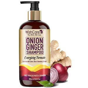 WishCare Onion Ginger Shampoo - Onion Shampoo For Hair Fall Control - Energizing Formula - Free from Mineral Oils Sulphates & Parabens - For All Hair Types - 300 Ml