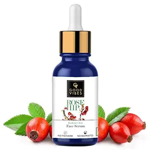 Good Vibes Rose Hip Radiant Glow Face Serum 10 ml Light Weight Non Greasy Moisturizing Anti Ageing Formula For All Skin Types Corrects Dark Spots Natural No Parabens & Sulphates No Animal Testing