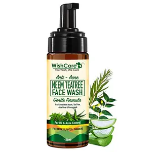 WishCare Anti Acne Neem TeaTree Foamin Face Wash with Neem Whole Leaves AloeVera & TeaTree - For Oily Skin and Acne Face Wash- Sulphate & Paraben Free - 150ml