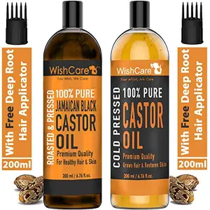WishCare 100% Pure Cold Pressed Castor Oil & Jamaican Black Castor Oil - 200Ml Each