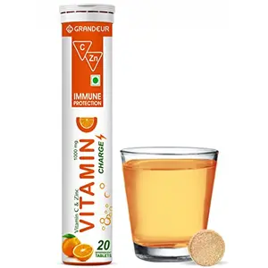 Grandeur Vitamin C Tablets For Immune Protection - With Natural Vitamin C & Zinc- 20 Effervescent Tablets | Orange Flavour | Immunity Booster | Antioxidant | Glowing Skin |