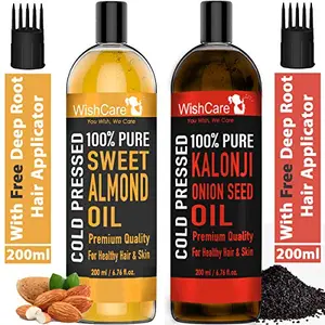 WishCare 100% Pure Cold Pressed Kalonji Black Seed Oil & Sweet Almond Oil - 200Ml Each