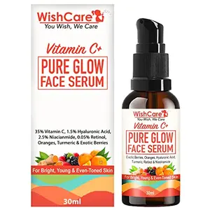 WishCare Pure Glow 35% Vitamin C Face Serum - With Hyaluronic Acid Retinol Niacinamide Oranges Berries & Turmeric - For Glowing Bright Young and Even Toned Skin - 30 ml