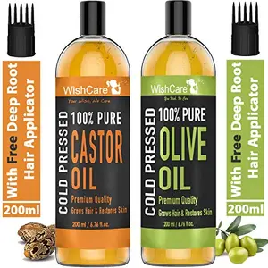 WishCare Hexane-free Cold Pressed Castor and Olive Oil for Hair and Skin (200 ml Each)