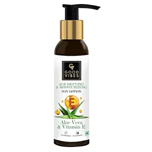 Good Vibes Plus Aloe Vera & Vitamin E with Milk Protein Age Defying Moisturizing Day Face Lotion 100 ml Hydrating Soothing Light Weight Formula For All Skin Types Natural No Parabens & Sulphates