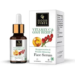 Good Vibes Vitamin C & Goji Berry Depigmentation & Wrinkle Balancing Face Serum 10 ml Light Weight Formula With Anti Ageing Properties For All Skin Types No Parabens No Animal Testing