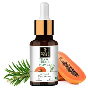 Good Vibes Tea Tree & Papaya Oil Control Face Serum 10 ml Light Weight Absorbs Quickly Clarifying Formula For Oily Skin Type Helps Reduce Acne & Blemishes Naturally No Parabens No Animal Testing