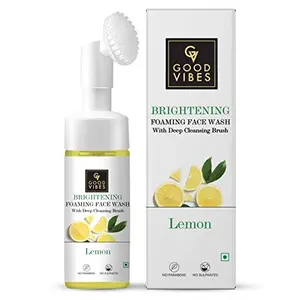 Good Vibes Lemon Brightening Foaming Face Wash With Deep Cleansing Brush 150 ml | Helps Clear Pigmentation Refreshing Nourishing Cleanser For Normal To Oily Skin | No Parabens Sulphates Mineral Oil