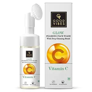 Good Vibes Vitamin C Glow Foaming Face Wash With Deep Cleansing Brush 150 ml Non-Drying Brightening Face Cleanser For Clear Skin | No Parabens No Sulphates No Animal Testing