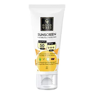 Good Vibes Wide Spectrum Protection Sunscreen With SPF 50 (50 g)| Sun Protection For All Skin Types | Lightweight Non-Greasy Anti-Ageing | With Aloe Vera | No Parabens