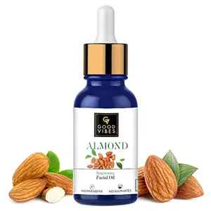 Good Vibes Almond Skin Brightening Facial Oil 10 ml | Lightweight Absorbs Quickly Naturally Glowing Hydrating Nourishing Moisturizing Formula For All Skin Types | No Parabens & Sulphates