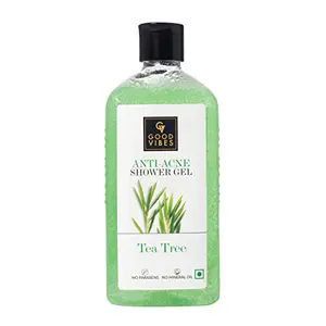 Good Vibes Tea Tree Anti-Acne Shower Gel 300 ml | With Sage Oil & Rosemary Leaf Oil | Anti-Bacterial Soothing Body Wash For All Skin Types | Vegan No Parabens & Mineral Oil Certified Fragrance