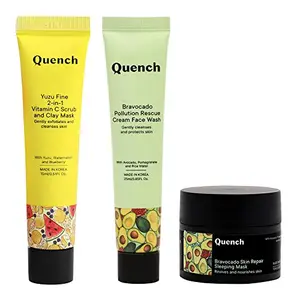 Quench Botanics Pigmentation-Clearer Complexion Uneven Skin Texture Kit Rescue Cream Face Wash | Vit C Scrub & Clay Mask|Skin-Rejuvenating Formulas | Sleeping Mask