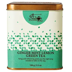 The Indian Chai - Ginger Mint Lemon Green Tea 100g with Lemongrass Spearmint and Ginger for Immunity Soothes Sore Throat Helps with Digestion.