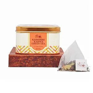 The Indian Chai - Kashmiri Kahwa Green Tea 15 Pyramid Bags Whole Leaves Tea with Almonds Cardamom Clove Cinnamon Ginger Rose Petal and Saffron